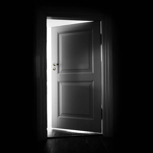 istock Opening white door in a dark room with light outside 177834891