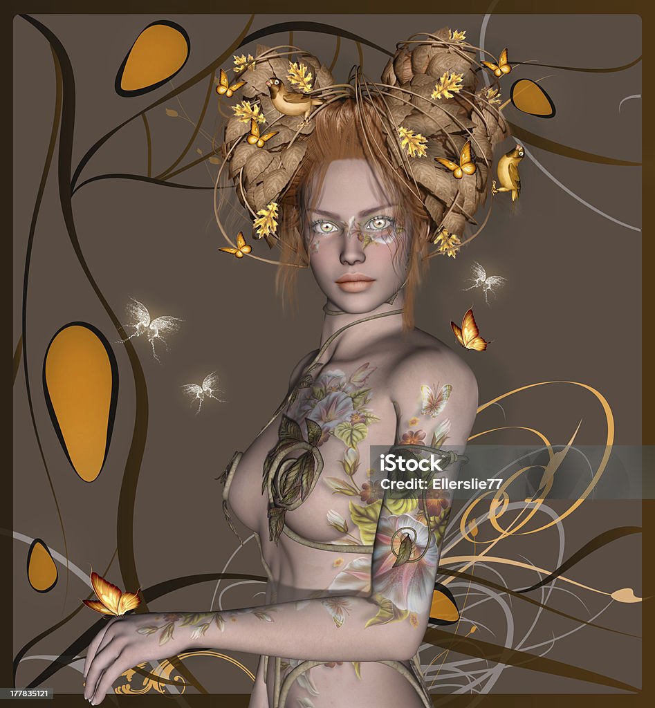 Gold beauty Beautiful woman portrait with precious hair style:  leaves, butterflies and birds Earth Goddess stock illustration