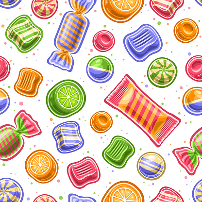 Vector Candy Seamless Pattern, repeating background with cut out illustrations of different colorful fruit candies and bubble gums in spiral vibrant cellophane foil, set of flying flat lay candy mix