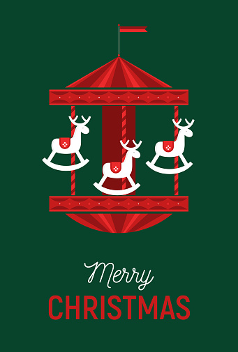 Christmas greeting card. Illustration of the carousel with rocking deers