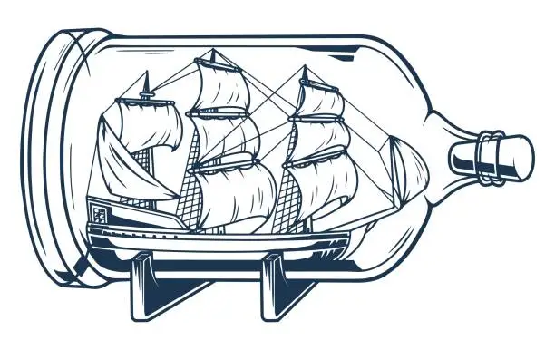 Vector illustration of Ship in bottle monochrome element