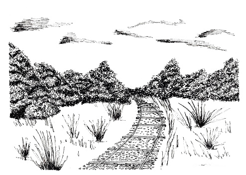 Monochrome drawing of a landscape with train tracks and bushes on the road