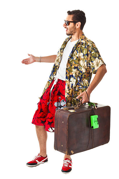 zaskoczony turysta - travel suitcase hawaiian shirt people traveling zdjęcia i obrazy z banku zdjęć