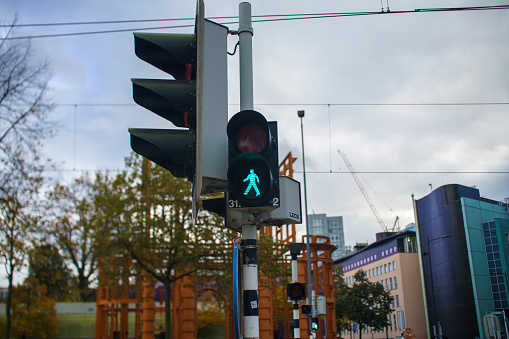 A traffic light with a green signal and a pedestrian crossing sign
