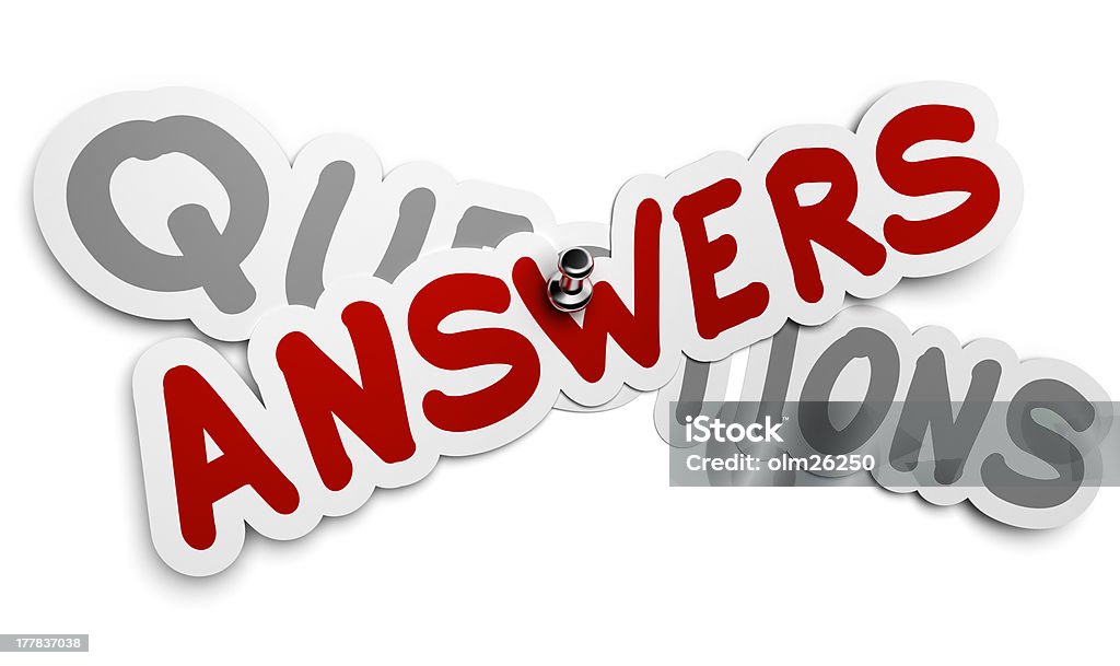 Questions and Answers One answer sticker fixed by using a thumbtack over a grey word questions, white background, FAQ concept Answering Stock Photo