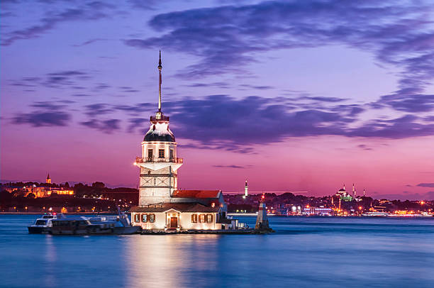 The Maiden's Tower The Maiden's Tower (Turkish: Kız Kulesi), also known as Leander's Tower (Tower of Leandros) since the medieval Byzantine period, is a tower lying on a small islet located at the southern entrance of the Bosphorus strait 200 m (220 yd) from the coast of Üsküdar in Istanbul, Turkey. maidens tower turkey photos stock pictures, royalty-free photos & images