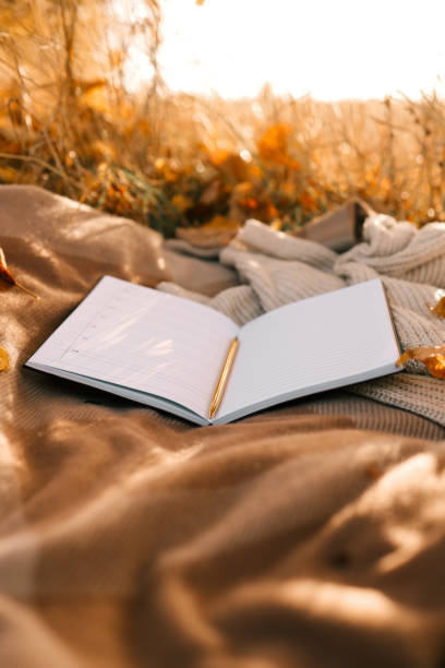 Paper planner on blanket outdoors, autumn concept