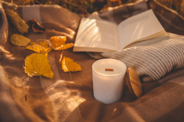 istock Candle and open book in nature, autumn concept 1778376122