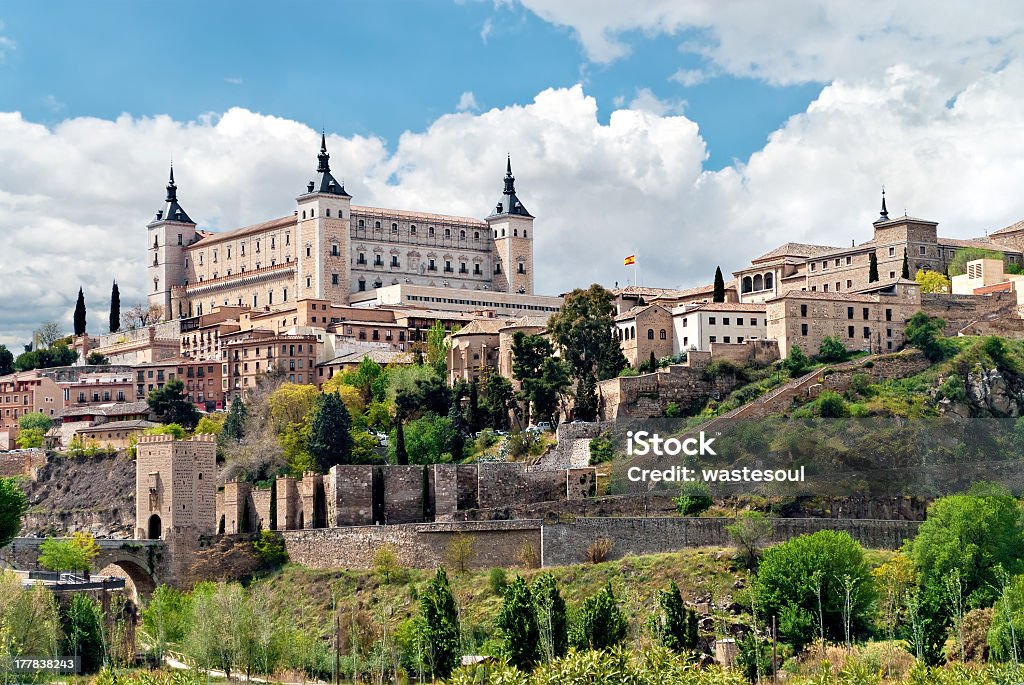 Landscape of historic buildings in Toledo,Spain Old town of Toledo, with alcasar on a hilltop, former capital of Spain. Toledo - Spain Stock Photo
