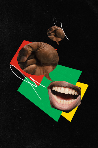 Poster. Contemporary art collage. Modern creative artwork. African-American mouth with firsts in shape of speech bubbles. Concept of black history month, civil rights, culture. Copy space, ad.