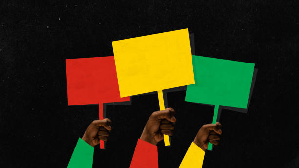 istock Poster. Contemporary art collage. Modern creative artwork. African-American hands with red, yellow and green signs. Black history month. 1778384907