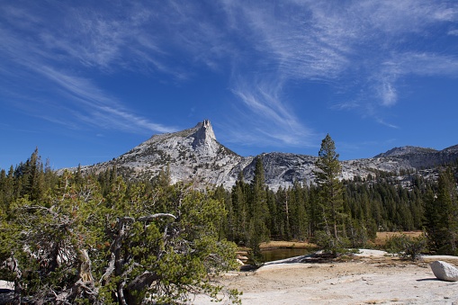 A scenic view of Lower Cathedral Lake in Yosemite National Park, California