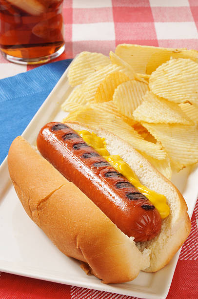 istock Hot dog with mustard and chips 177840139