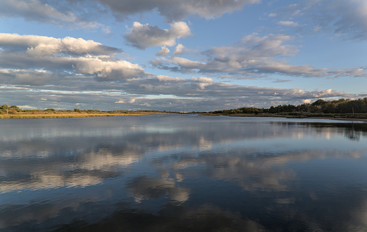 view of wetland from the Marine Park Salt Marsh Nature Trail in brooklyn, new york (with gil hodges bridge to the rockaways int he background) cloud reflections in bay, water (shell bank creek)