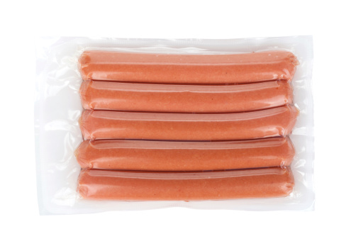 Five sausages pack. Isolated on white background
