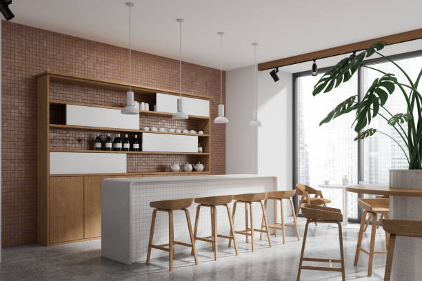 istock Elegant cafe interior with counter, shelf and table near panoramic window 1778415322