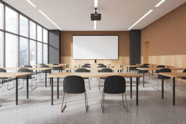 istock Beige and gray classroom interior with projection screen 1778416935