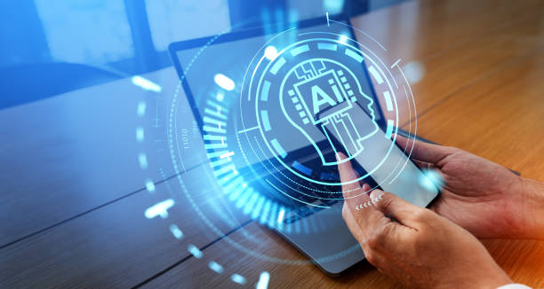 istock Man hands with gadgets, AI head hologram and machine learning. Mock up display 1778417463