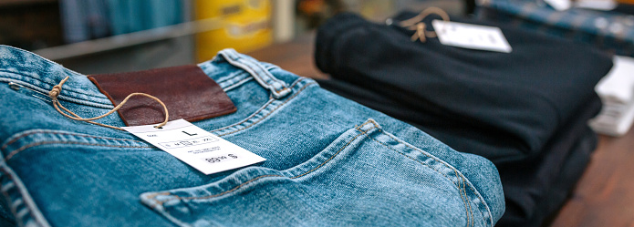 Detail of label with price and size over a blue jeans pants on industrial style store. Banner of organized apparel stacks over counter ready to sell on vintage clothes shop.