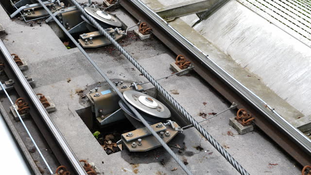 Cable Car Pulley System on Funicular Railway Track, Close Up