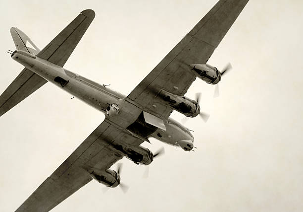 Old bomber in flight stock photo