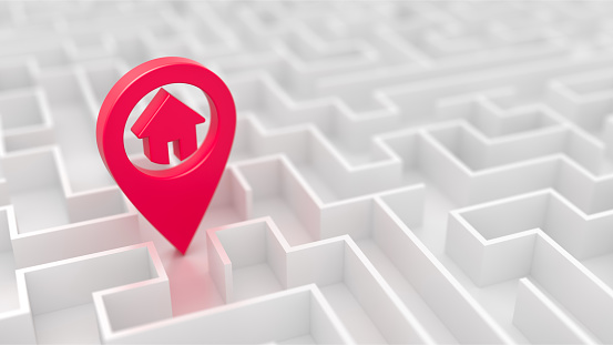 Problems in finding and choosing your home. Red map pointer with house in labyrinth maze. Real estate sale promotion banner. 3d illustration.