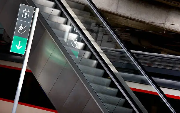 Signpost and escalators in a railway station horizontal