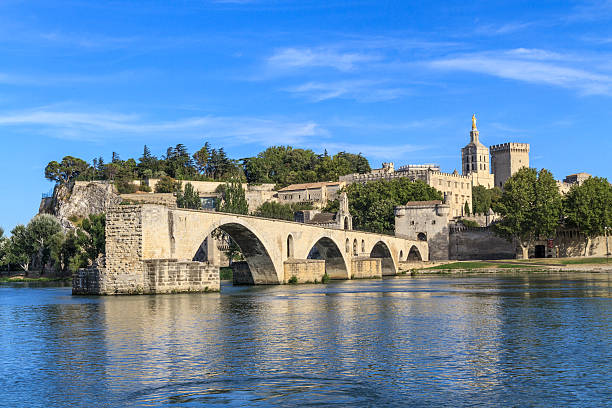 avignon ponte com papas palace, ponte saint-benezet, provence - rhone bridge - fotografias e filmes do acervo