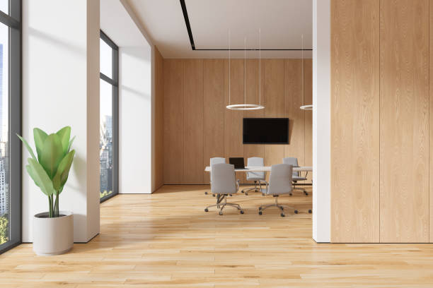 istock White and wooden board room interior with TV 1778443762