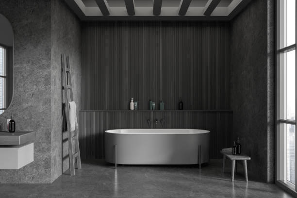 istock Grey home bathroom interior with tub and sink, panoramic window 1778450127