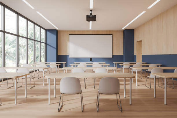 istock Blue and wooden classroom interior with projection screen 1778452835