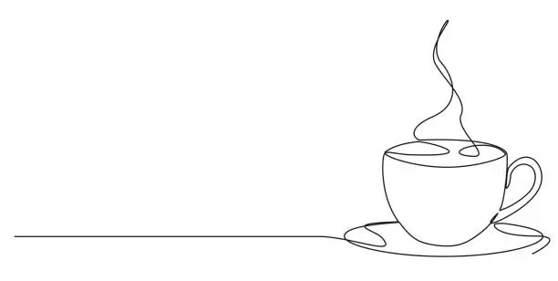 Vector illustration of single line drawing of cup with steaming hot coffee or tea