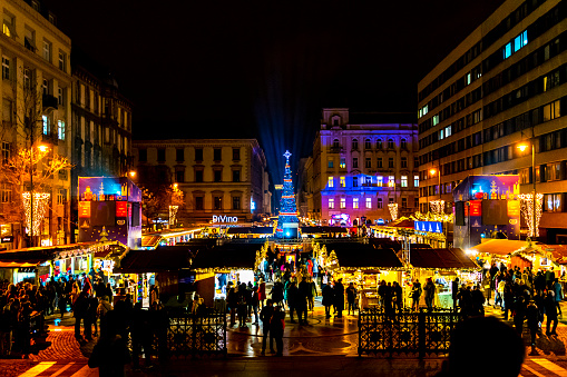 Christmas, Advent fair, colorful, lights, December 19, 2022, Budapest, square, Szent István Basilica, Saint Stephen's Basilica