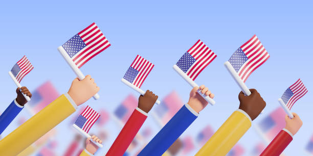 Cartoon character hands with american flags, march for freedom