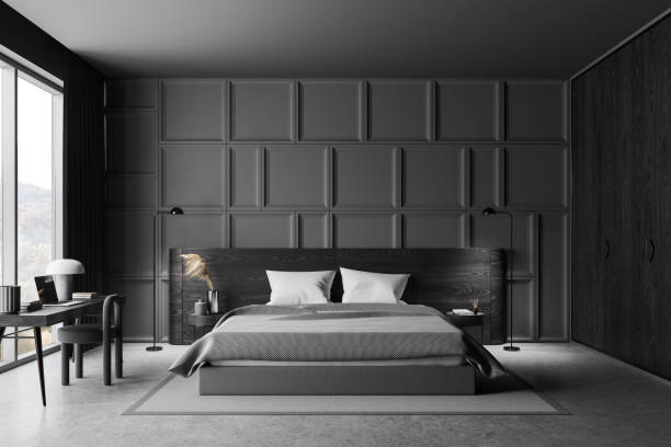 istock Grey home bedroom interior with bed and workspace, panoramic window 1778462305