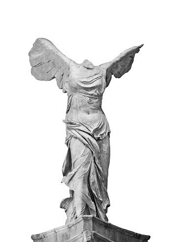 The Winged Victory of Samothrace sulpture isolated, a famous Greek statue from the Hellenistic era representing the goddess Nike, black and white front view closeup picture
