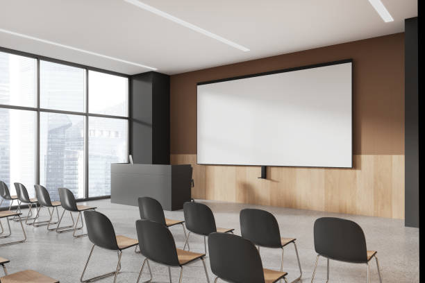 istock Beige and gray lecture hall corner with projection screen 1778462940