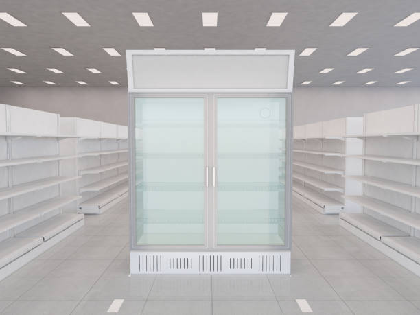 istock Supermarket Store interior with empty refrigerator Freezer display and empty shelves. 3d rendering illustration 1778463514