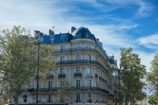 Paris, ancient buildings at Bastille, typical facades, view from the public garden