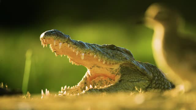 A nile crocodile (Crocodylus niloticus) opens his strong jaws with sharp teeth