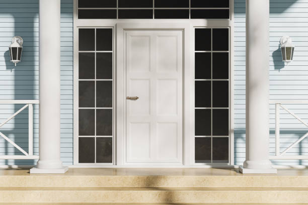istock Front door in blue house with porch and columns 1778467437