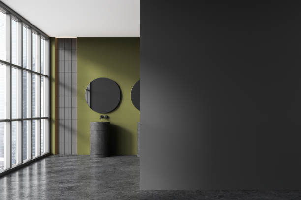 istock Dark home bathroom interior with sink and panoramic window, mock up wall 1778469094