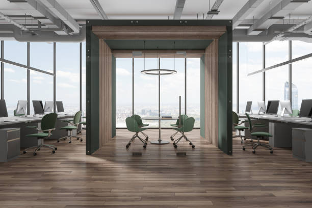 istock Stylish office interior with workspace and meeting room, panoramic window 1778469792