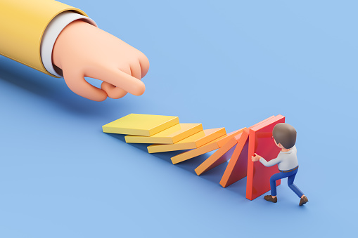 View of cartoon businessman stopping domino effect over blue background. Concept of leadership, risk management and crisis prevention. 3d rendering