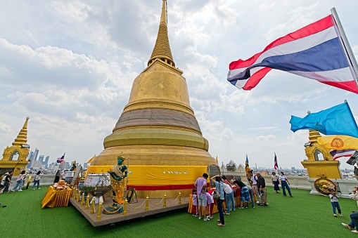 Bangkok, Thailand - 14 october, 2022: View of Golden Mount Temple or Wat Saket or Phu Khao Thong, an iconic landmark destination artificial mountain temple.