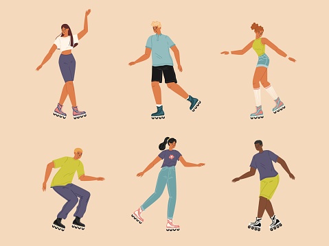 Diverse people characters roller skating feeling happy and relaxed isolated set. Young teenage man and woman rollerblading enjoying summertime leisure vacation vector illustration