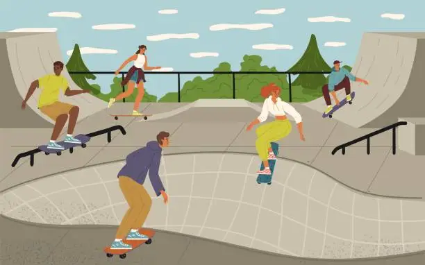 Vector illustration of Group of teenage children skateboarding at urban skateboard park