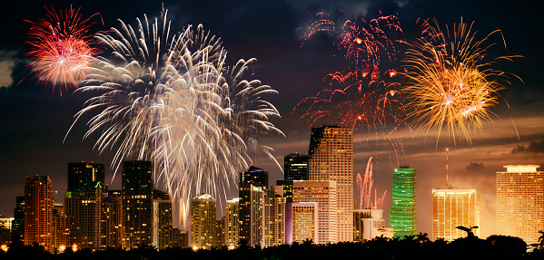 Happy New Year Fireworks on Miami Florida USA. Toned Image.