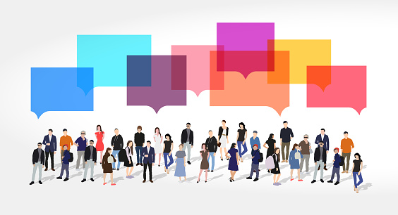 Large group of people with a square chat speech bubbles. Social networking and communication. Realistic people crowd. Flat vector illustration isolated on white background.