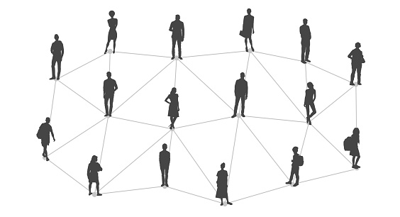 Social network, connecting people silhouette group. Flat vector illustration isolated on background.